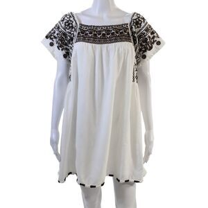 Buggy Womens Embroidered Short Sleeves Dress White Brown Cotton Size Small